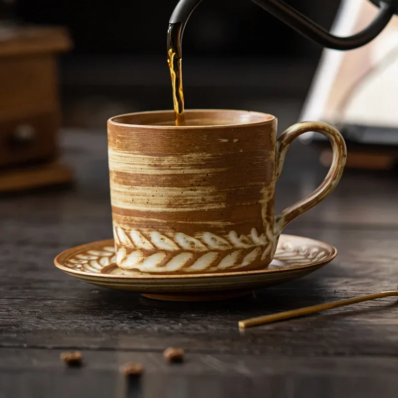 220ML Wheat Pattern Coffee Cup and Saucer Set, Home Coarse Pottery Retro European Cappuccino Latte Cup, Fancy Coffee Latte Cup.