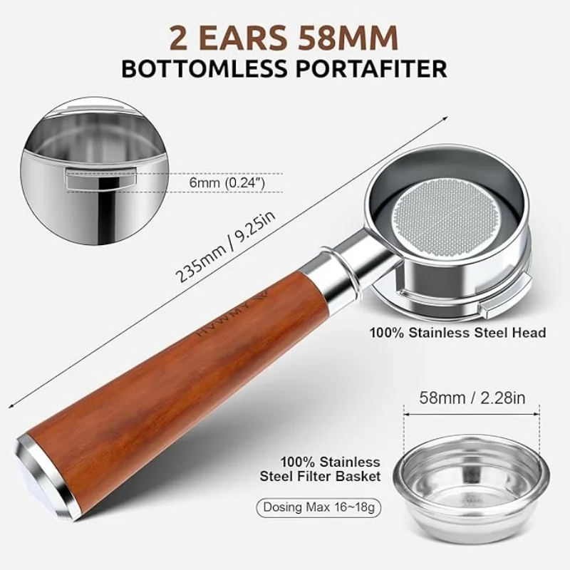 58mm Bottomless Portafilter 2 Ears -Fits Breville Oracle, Oracle Touch, Dual Boiler BES980XL BES990BSS BES920X Barista Tools