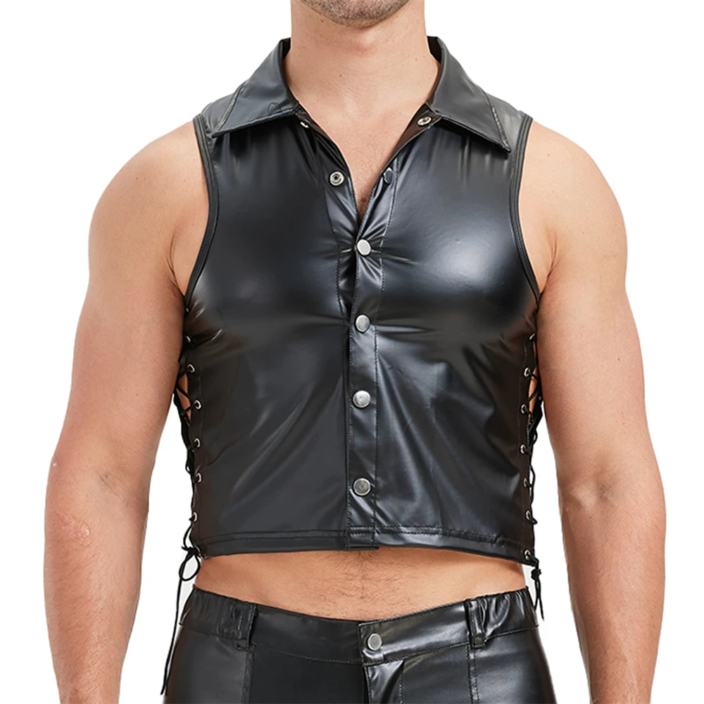Men Black Faux Leather Tank Tops Sexy Side Lace-up Button Nightclub Dance Mini Vests Turn-down Collar Male Sleeveless T-shirts