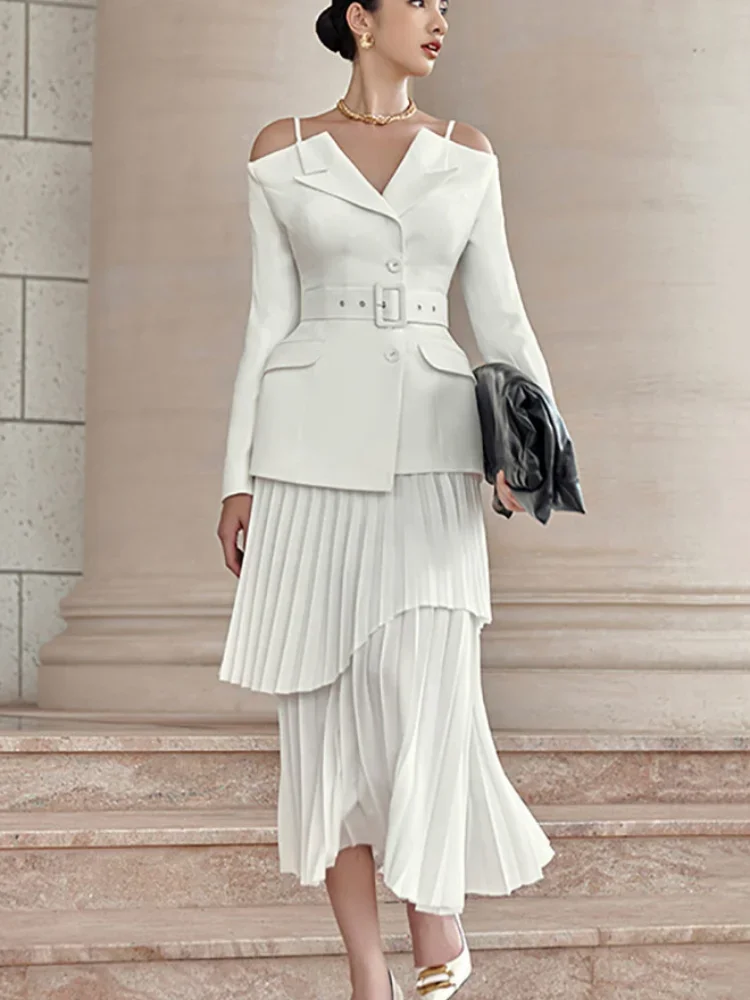 2024 Spring New Fashion V-neck Open Akimbo Belt Coat Patchwork Pleated Irregular Skirt Two Sets