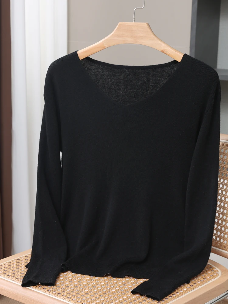 2024 New Women's V-neckBasic Pullover Sweater For Spring Summer Thin Soft Loose Long Sleeve Shirt 30% Merino Wool Knitwear Tops