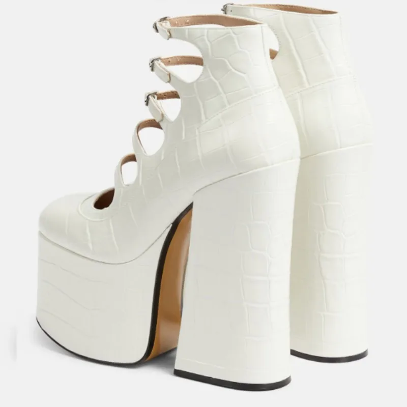 

DIZHUANG Fashionable women's high heels. Black (white) leather single shoes About 18cm heel height. Roman shoes. Multiple buckle