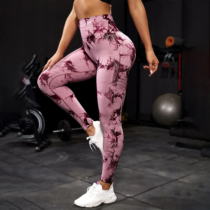 Damskie spodnie do jogi Tie-Dye Hip Lift Ćwiczenia plisowane spodnie fitness z wysokim stanem