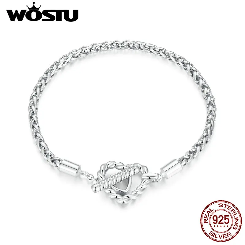 WOSTU 925 Sterling Silver Vintage Basic Bracelets Double Love Heart Bangles Snake Chain For Women DIY Gift Suit to Charms Beads