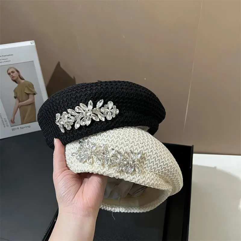 Summer bonnet breathable and stylish beret rhinestone designer French cotton polyester small artist fashion hat octagonal hat