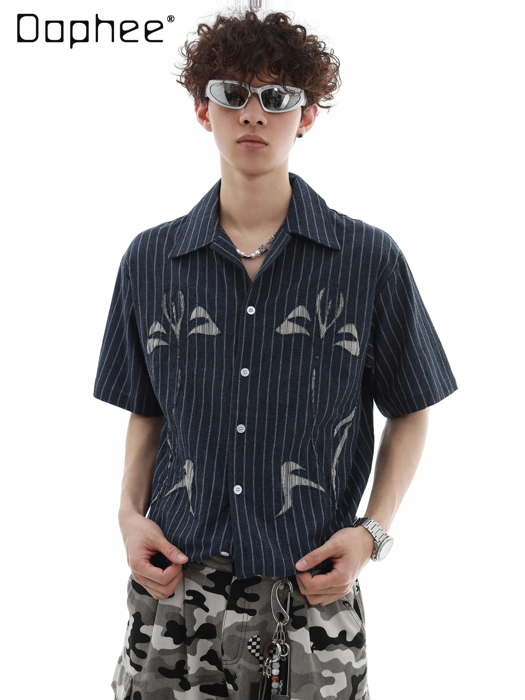 Vintage Vertical Striped Cuban Collar Short Sleeve Shirt Men Hollow Out Patchwork Floral Button Down Casual Streetwear Tops