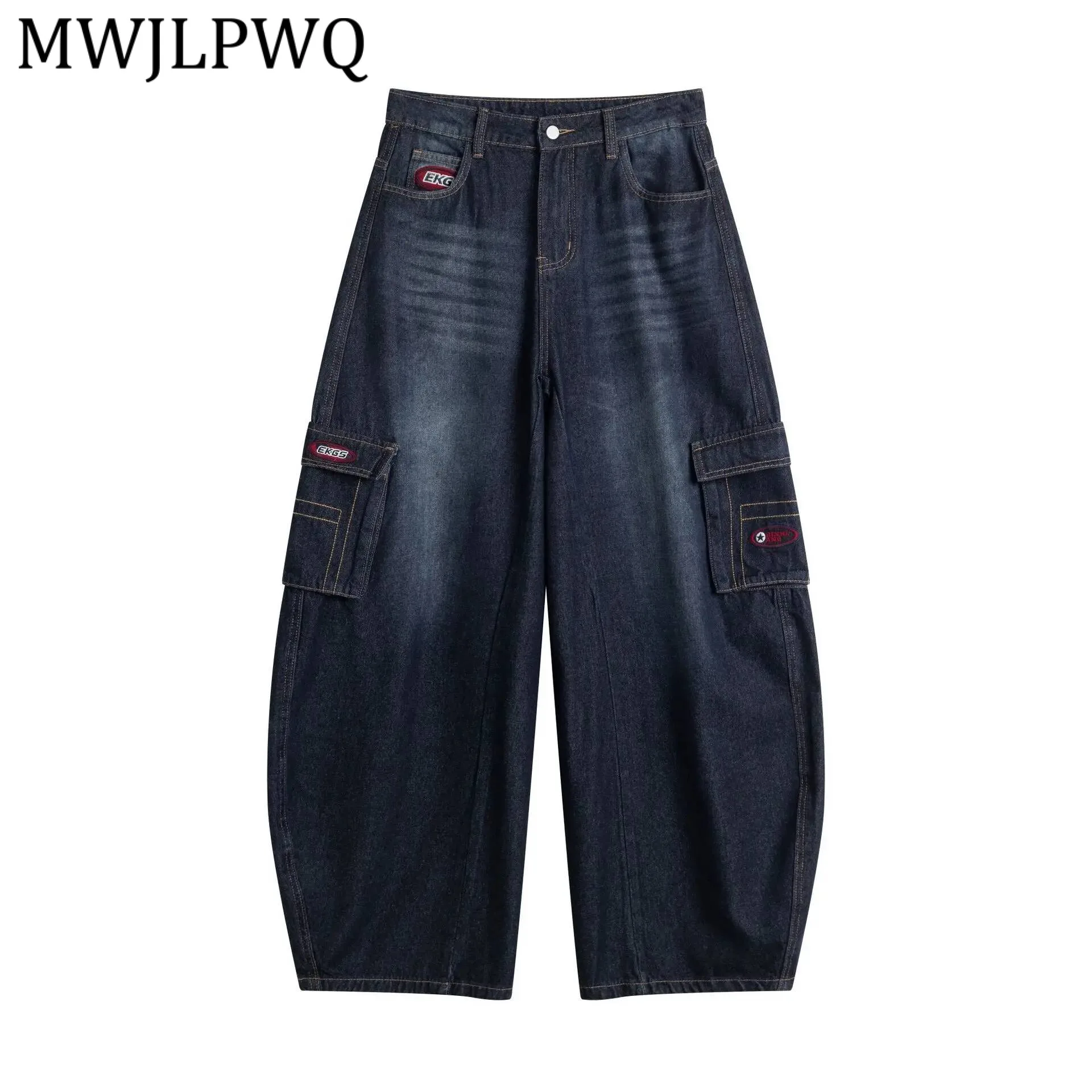 

MWJLPWQ Модные новые свободные джинсы-карго в стиле ретро с эффектом потертости для мужчин и женщин, американские уличные прямые повседневные широкие брюки 22049