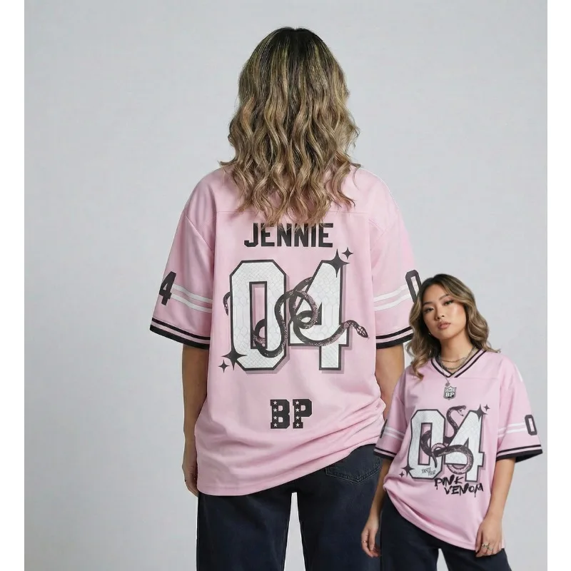

Women's Kpop Group Jennie 04 _Pink Venom_ Football Jersey T-Shirt Breathable Mesh Short Sleeve Casual Streetwear Kpop Fans Tee