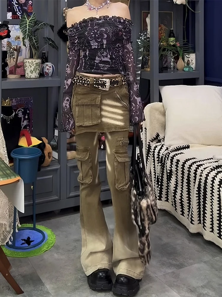 

Коричневая джинсовая юбка с занавеской, брюки, женские осенне-зимние новые субкультуры, пикантные расклешенные брюки-карго с градиентом для девочек