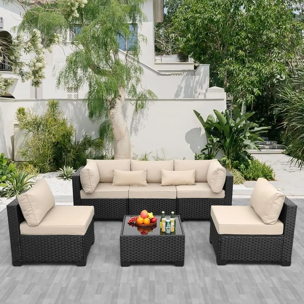 

6-Piece All-Weather Wicker Outdoor Sectional Patio Furniture Set with Glass Table, Non-Slip Cushions, and Waterproof Covers, Kha