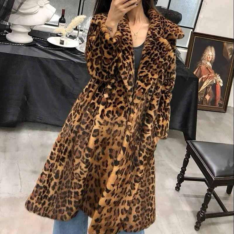 New Winter Korean Fashion Fluffy Warm Faux Fur Jacket Women Lapel Long Elegant Leopard Print Faux Mink Fur Jackets Coats E705