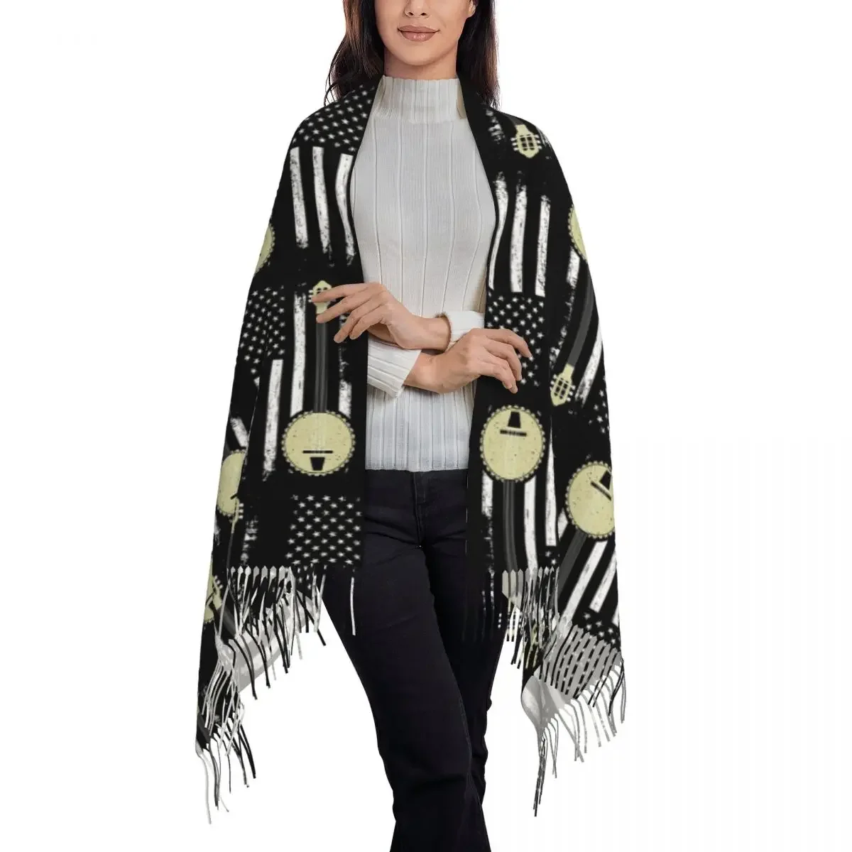 Bluegrass البانجو الأمريكية الولايات المتحدة العلم الموسيقار هدية وشاح شرابة الأوشحة النساء لينة الدافئة شالات ويلتف طويل الخريف الشتاء شال التفاف #2