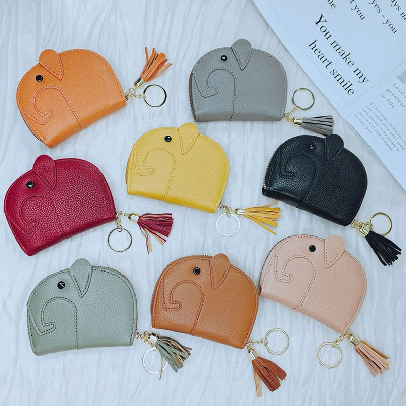 محفظة نسائية للعملات المعدنية على شكل فيل لطيف؛ حقيبة تخزين من جلد البولي يوريثان بنمط Lichee للنساء