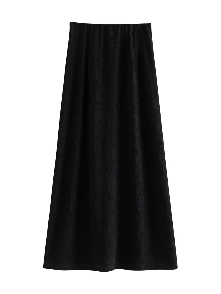 ZIQIAO Black Long Skirts Summer 52.0% Acetate Skirt Elastic Waist High Waist Front Spilt Female Long Straight Skirt 24ZQ92340