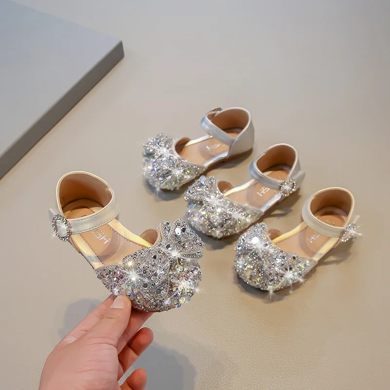 

Girls' Stylish Sandals 2-16 Years Old Beige Rhinestone Bowknot Girls' Single Shoes Summer Soft Non-slip Children's Leather Shoes