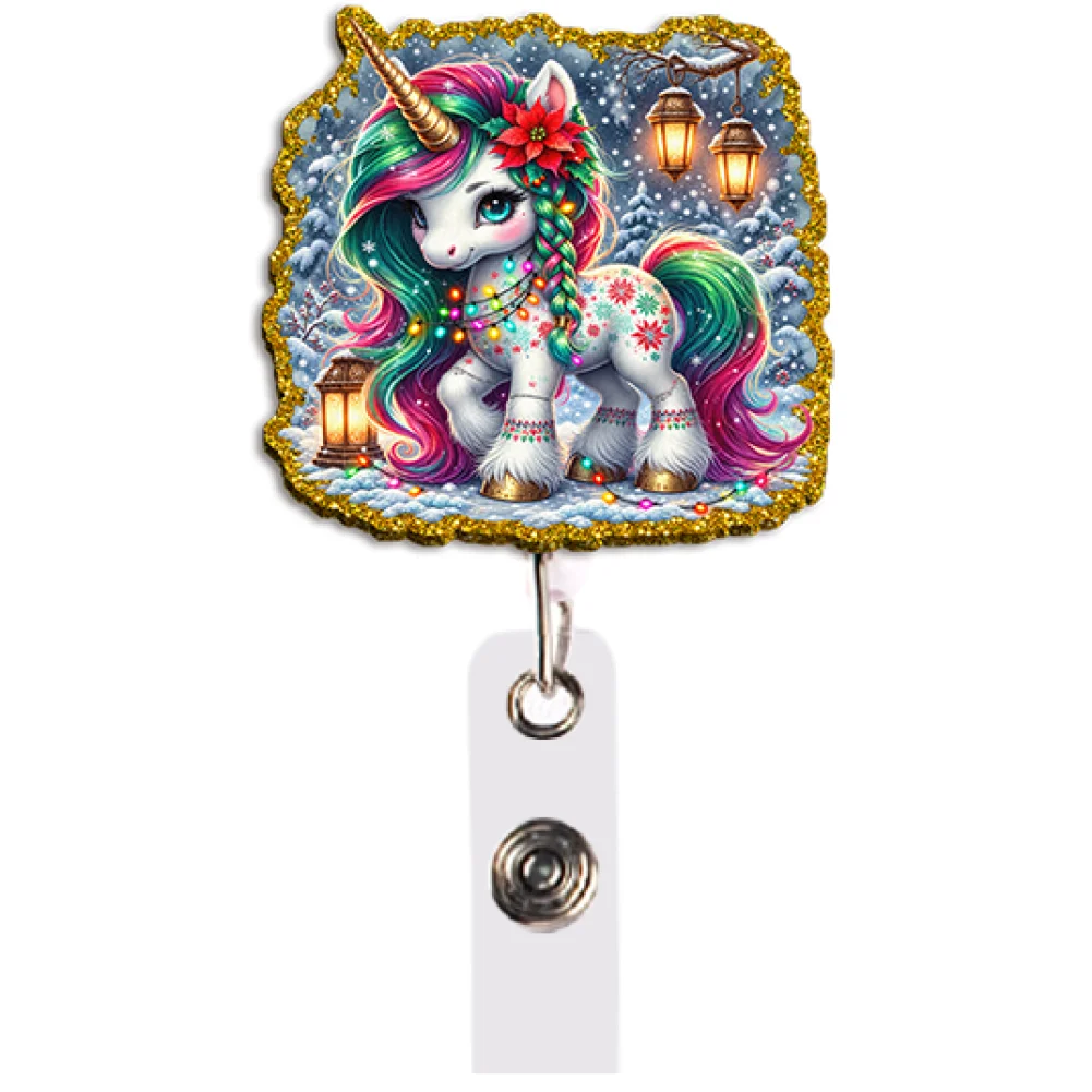 Cute Christmas Unicorn Badge Reel Set Retractable Holder with Clip for Holiday Party Cosplay Gift