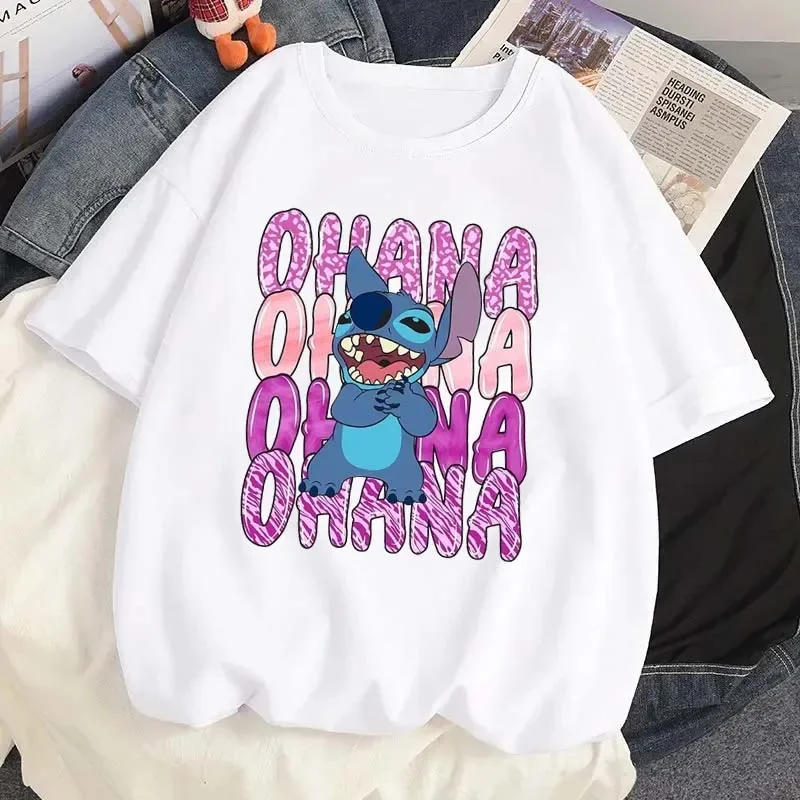 디즈니 Ohana 여성용 그래픽 프린트 티셔츠, 스티치 및 릴로 다리미 티셔츠, 캐주얼 O넥 티셔츠, 스트리트웨어, 하라주쿠 의류, 여름