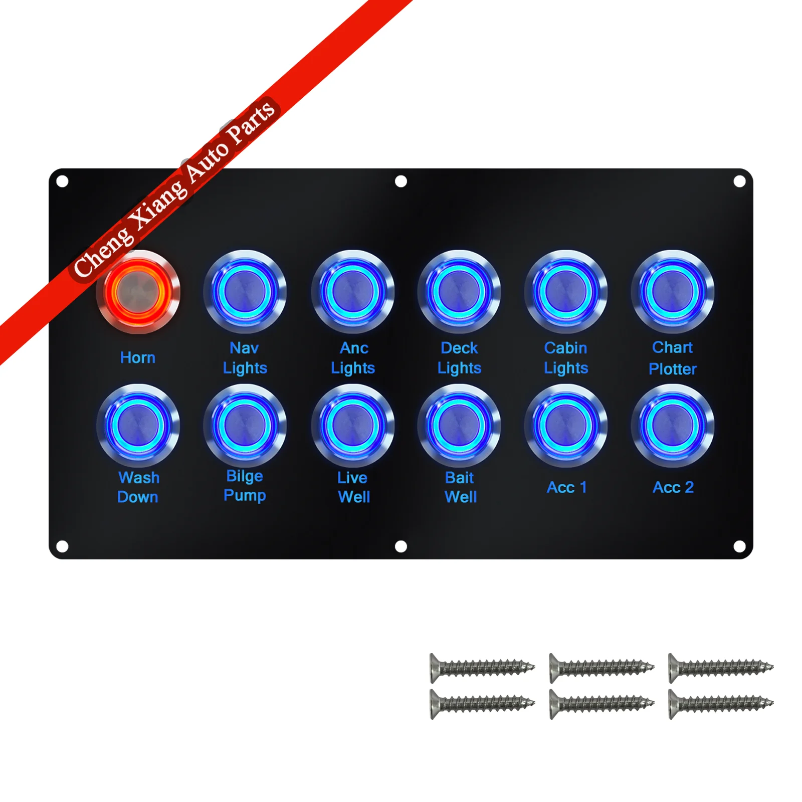 12-Gang Waterproof Marine Switch Panel Acrylic Boat Console Dash 12V Blue LED Illuminated ON-OFF Buttons Red Moment Horn Switch