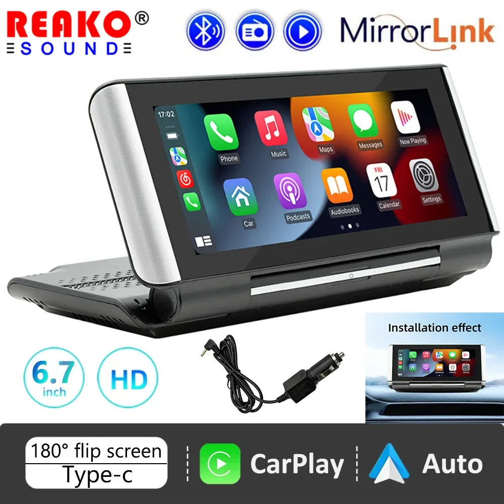 

REAKO SOUND 6.7 inch Car Radio MP5 Autoradio 180° Flip Screen Universal Multimedia Player Carplay Android Auto BT FM Car Stereo