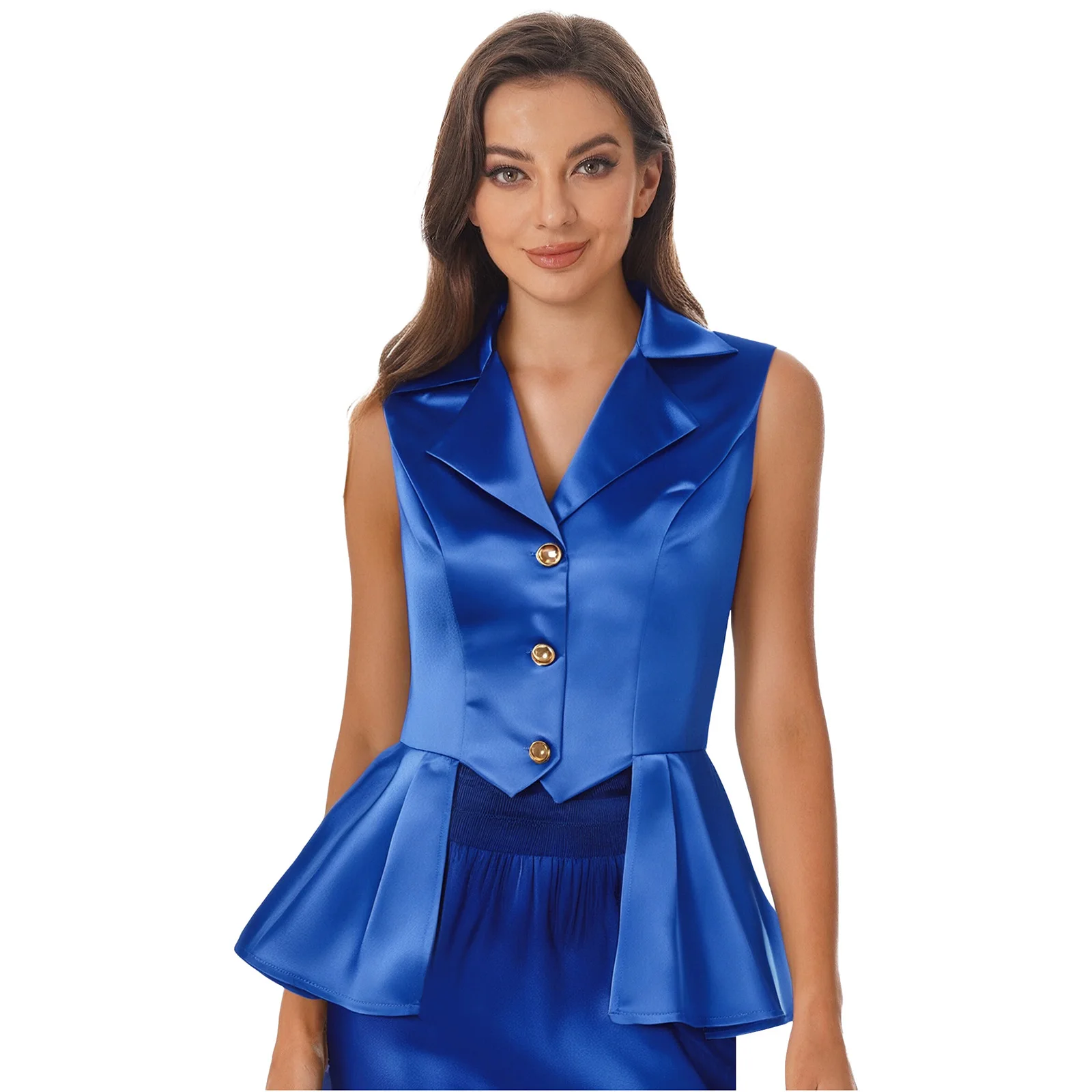 レディースシルキーサテンビクトリア朝の滝チョッキターンダウン襟ノースリーブボタンアップフリル裾ブラウストップカジュアル日常着