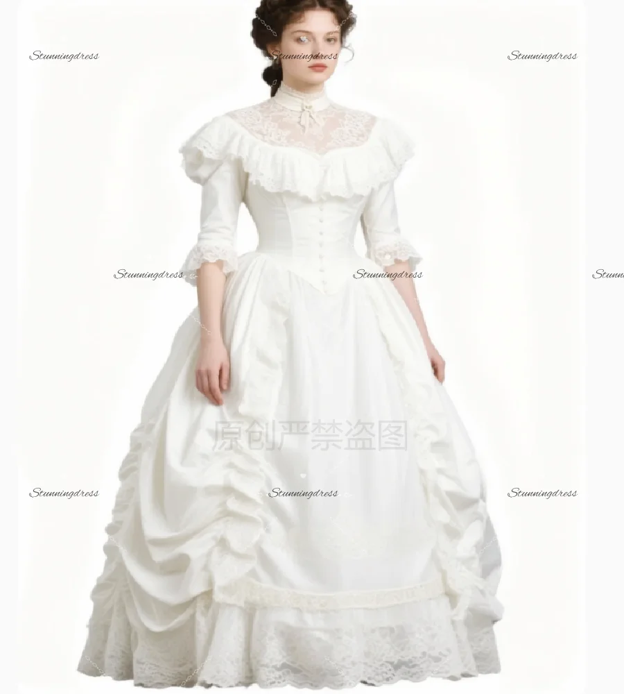 

Elegant Victorian Wedding Dress With Sleeve Vintage Ruffles Lace Bustle Bridal Dress 2026 High Neck Renaissance 1750s Bride