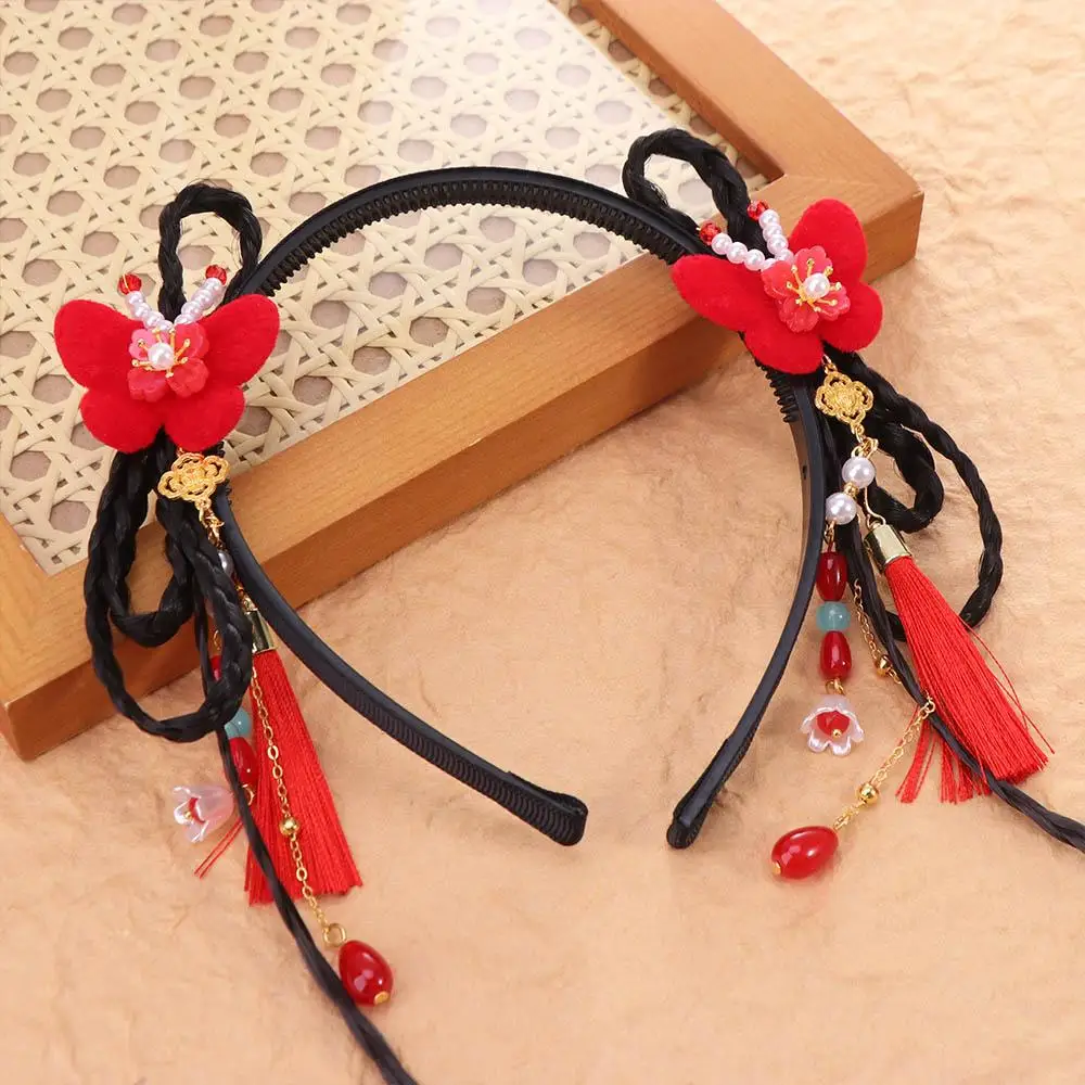

Traditional Chinese Style Hanfu Wig Headband Red Pearl Flower Tassel Headband Ancient Cute New Year Headwear Children