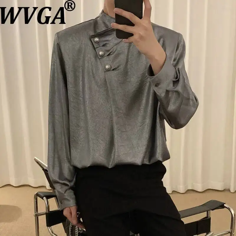 WVGA Spring Autumn New Men Long Sleeved Shirt Niche Irregular Placket Loose High-end Stylish Casual Stand Collar Tops Ins W24462