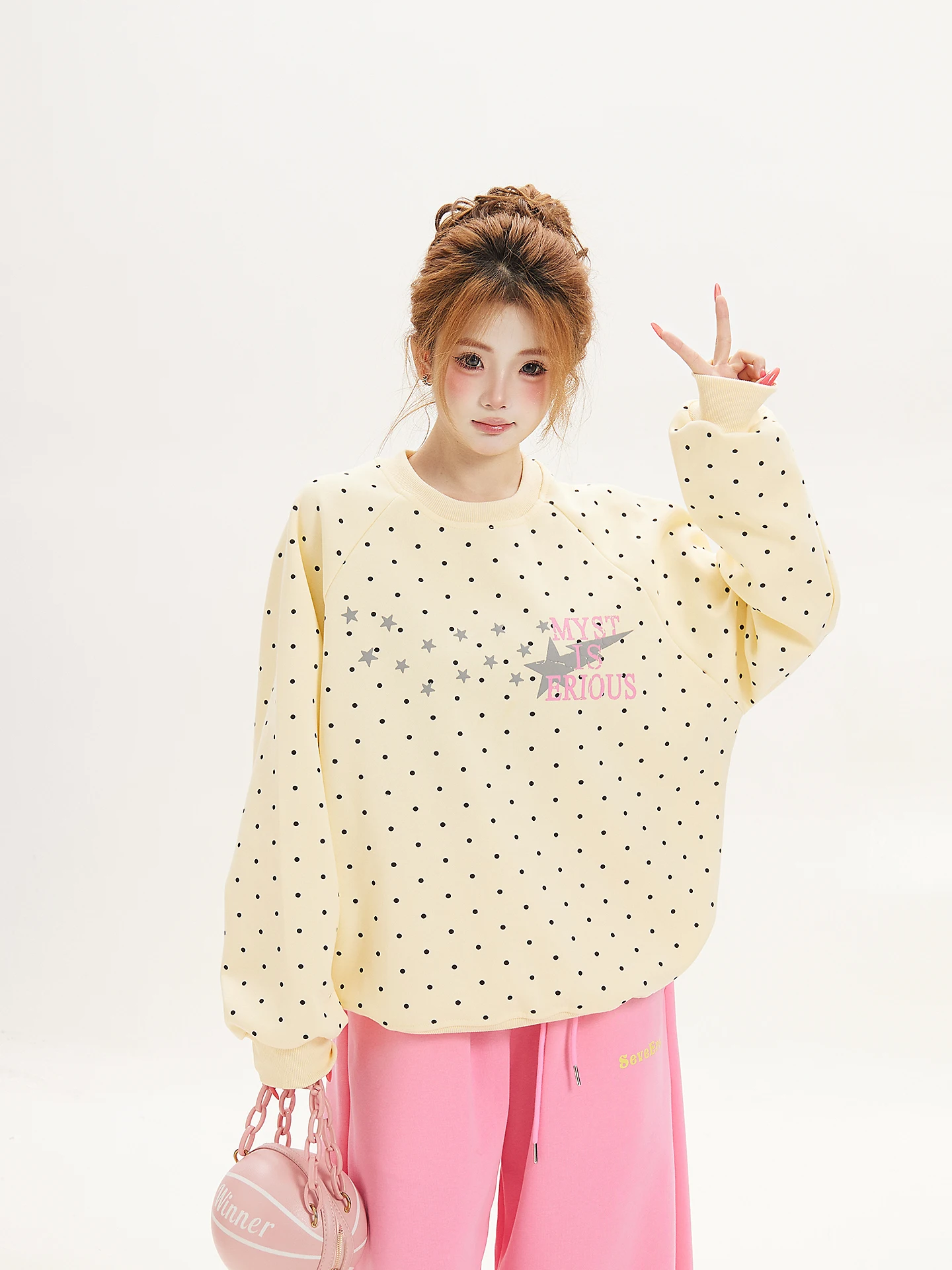 Loose Fit Polka Dot Hoodie Women's Korean Style Casual Top Ant Pattern Watermelon Print Long Sleeve Cotton Polyester Blend