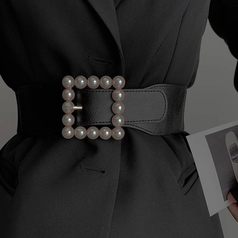 New Wide Waist Belt Dress Coat Waistbands Elastic Corset Cummerbunds Women Stretch Pearl Belt Large Square Pearl Buckle Fashion