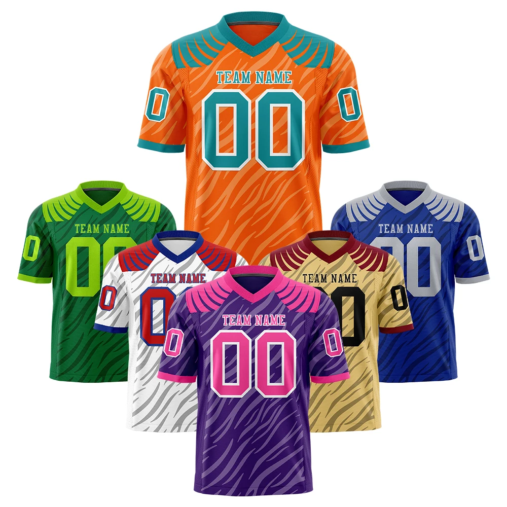 

Wholesale Tiger Stripe Color Block Design Football Jersey Custom Team Name Number Short Sleeve for Men Women Plus Size Printed