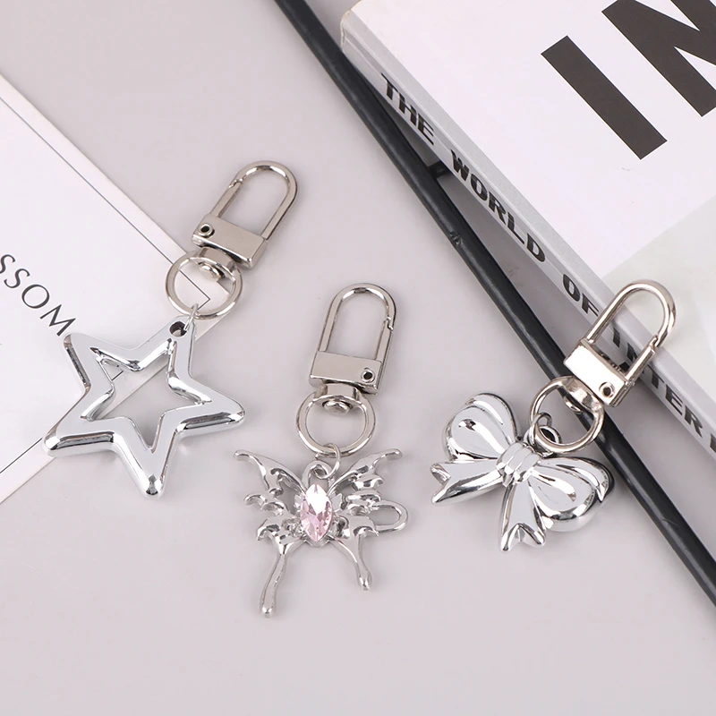 Korean Simple Star Bow Heart Keychain Y2K Silver Color Metal Keyring Headphone Case Charm Bag Pendant Decoration