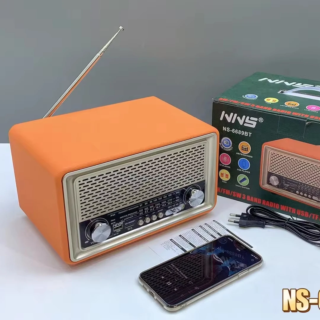 Retro Leather Wood Bluetooth Speaker Double Horn High-power Outdoor FM/AM/SW Multi-band Radio Support FM USB TF Card MP3 Player