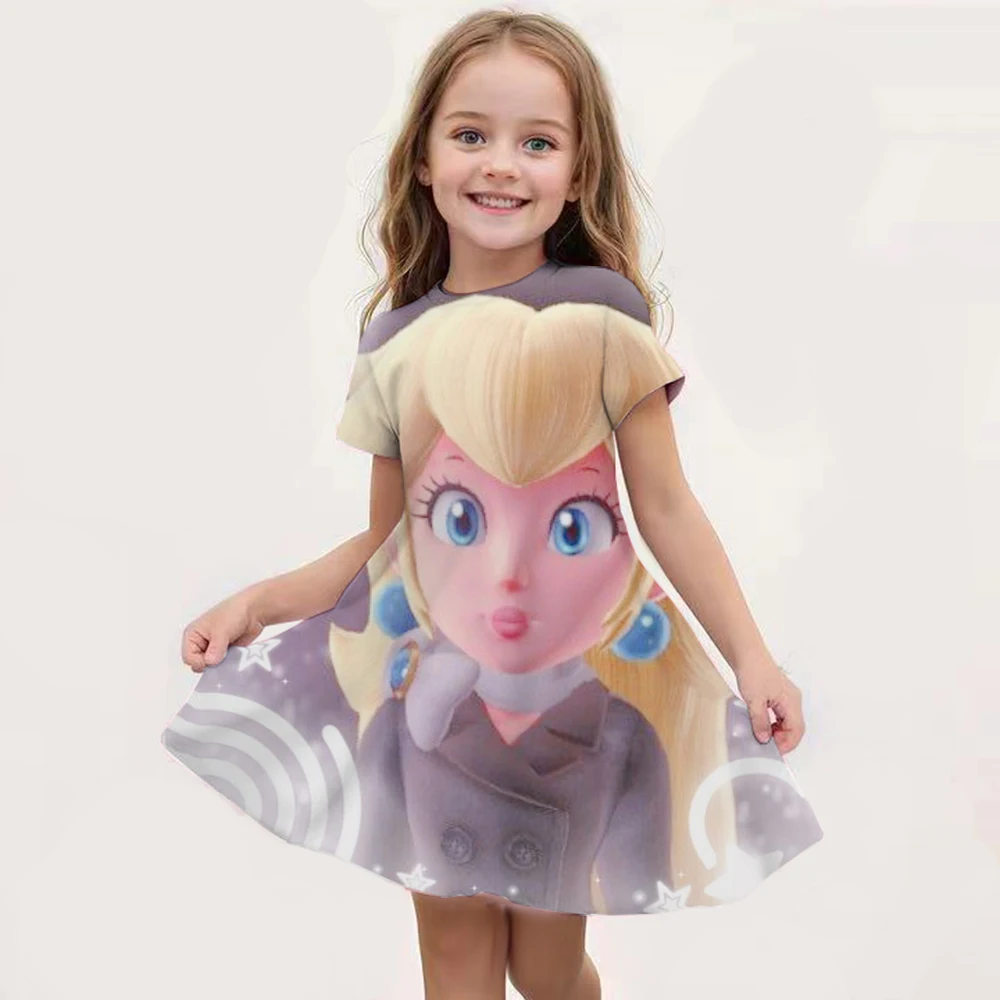 2024 year cute Peach Princess print  Dress Girls Cartoon Super Mario Games Dresses Princess Children\'s Party Clothes