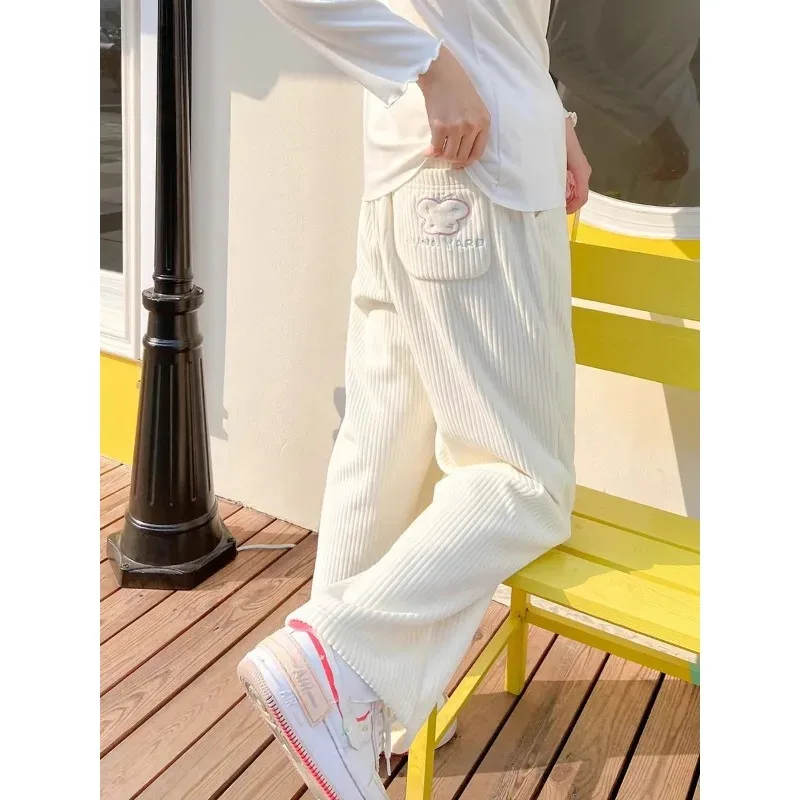 2025 nueva estrella del amor bordado pierna ancha pana dulce niñas pantalones de cintura elástica Otoño Invierno felpa engrosamiento una familia amorosa