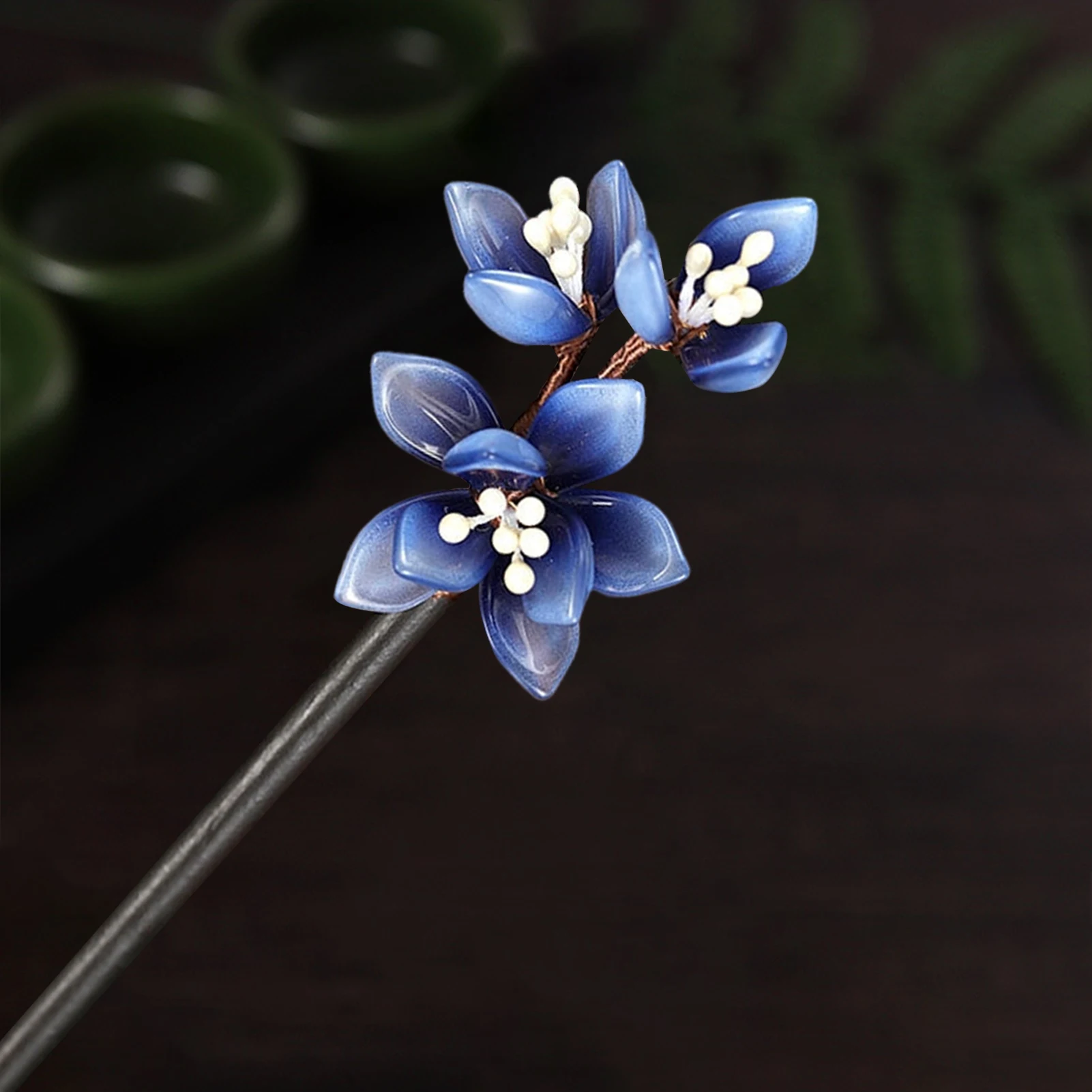 Wooden Hair Sticks Forks Gradient Blue Color Flower Designs Retro Chinese Chopsticks Style Hairpins Side Clips Women Headpieces