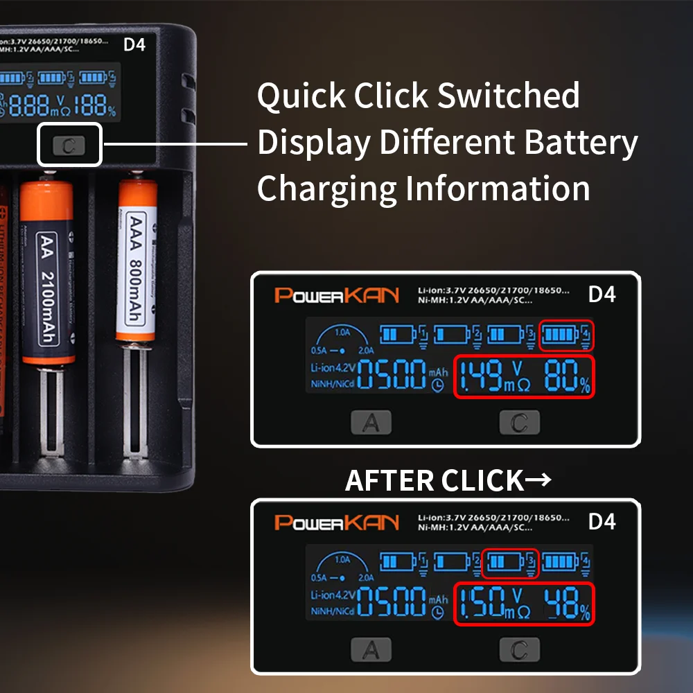 POWERKAN D4 Battery Charger for 1.2V Ni-MH/Ni-CD&3.6V/3.7V Li-ion LED Screen Automatically Detect Type&Power&Current