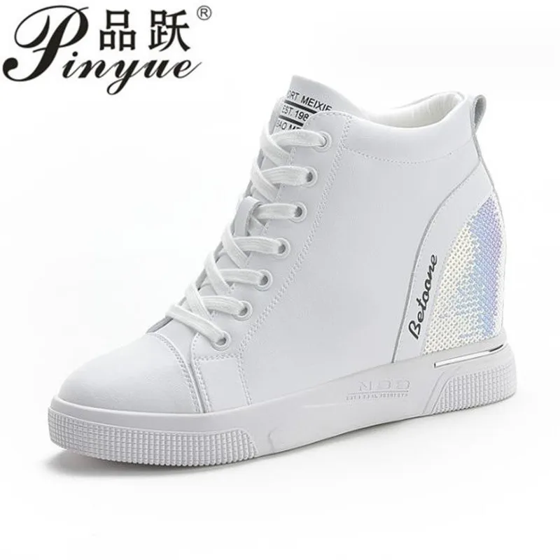 7cm  women Genuine Leather sequin Shoes Women Sneaker Shoes High Heels Increase Within Wedges Casual Vulcanized shoes  34 40