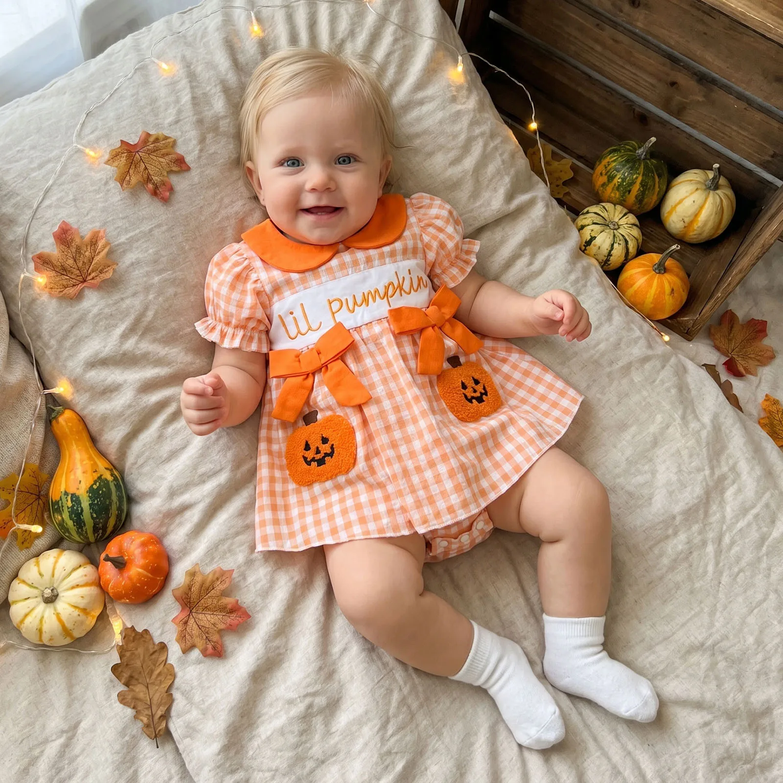 Baby Girl Halloween Romper Letter Pumpkin Embroidery Short Sleeve Bodysuits Baby Cute Fall Clothes