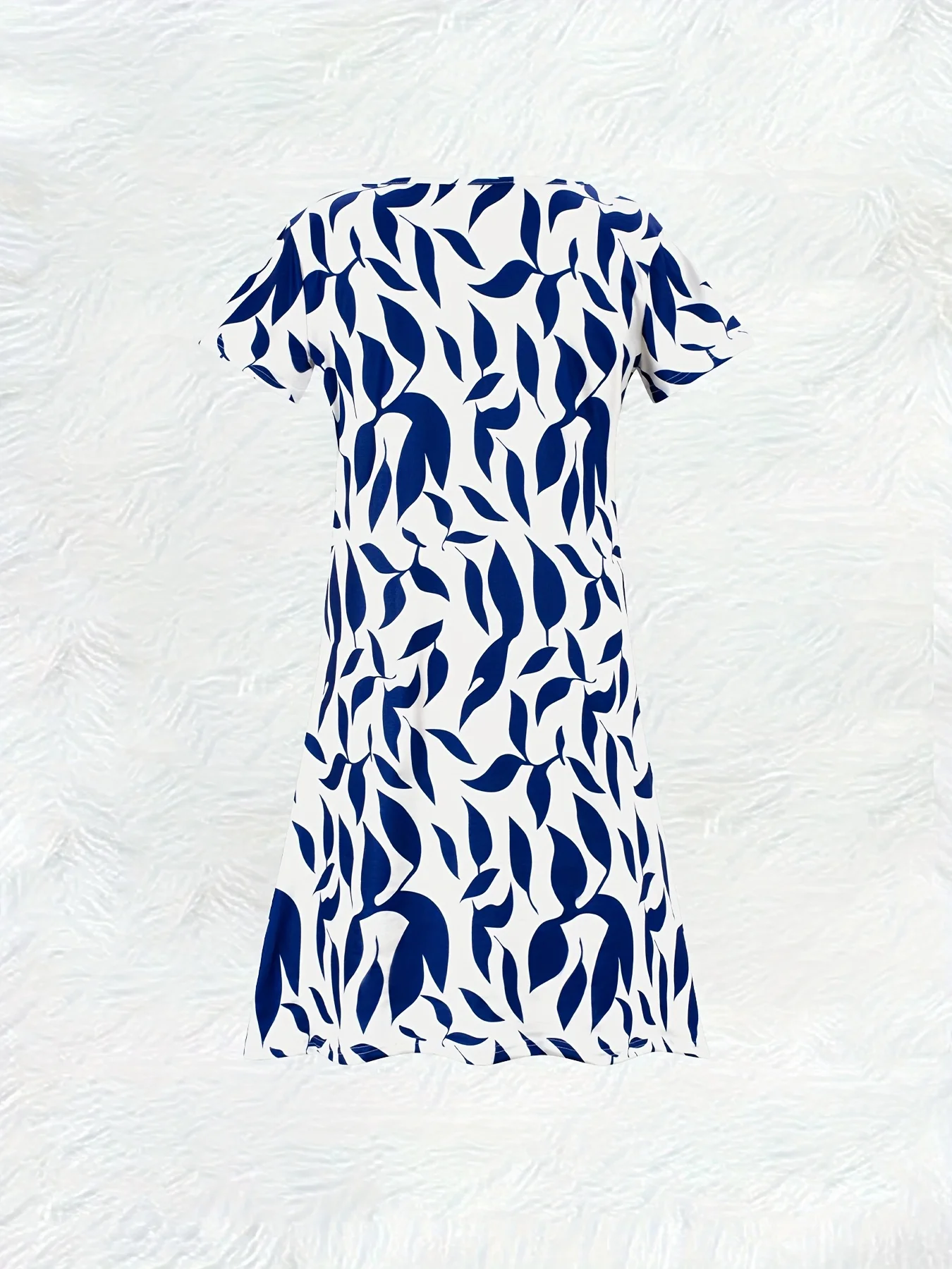 Casual A Line V Neck Short Sleeve Printed Dress for Women Blue Leaf Pattern on White Background Summer 2024 Fashion