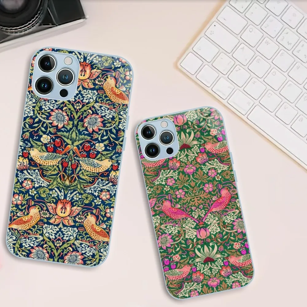 Art W-William Morris Luxury Phone Case For iphone Metal Plating Glass 11 14 12 13 Mini Pro Plus X XS MAX XR Cover