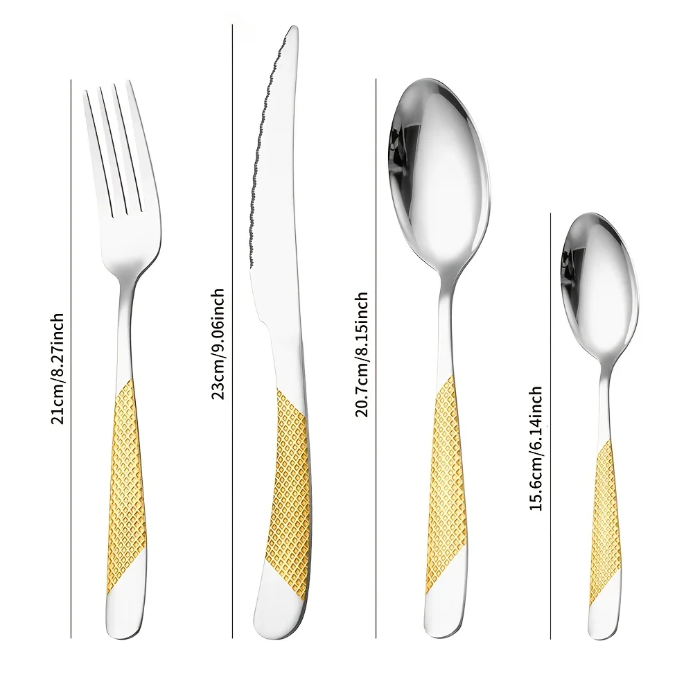 16pcs Kitchen Must Have Hammered Flatware,Golden Silvery Stainless Steel Flatware Set, Knives Forks Spoons Cutlery for Wedding
