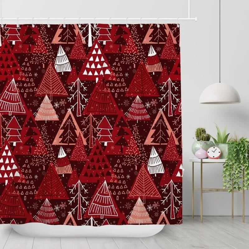 Retro Red Hand Painted Triangle Christmas Tree Snowflake Shower Curtain Bathroom Decor No Drilling with 12 Hooks