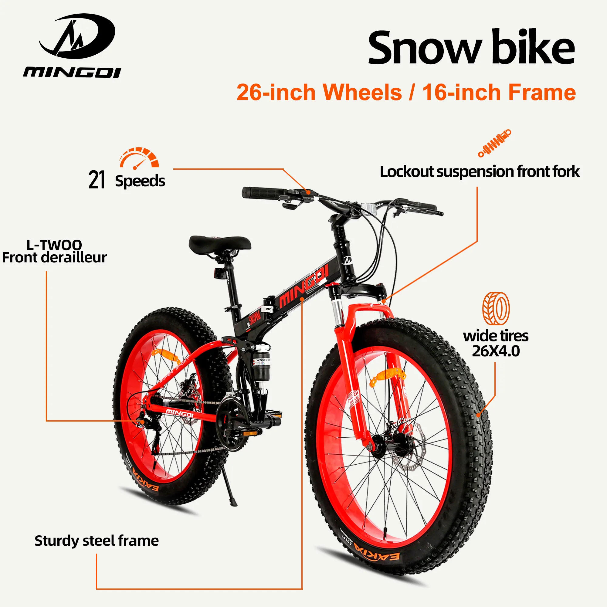 26 Inch Snow Bike 16 Inch Frame 21 Speeds Foldable Design Lockout Suspension Fork Rear Shock Absorber Mechanical Disc Brakes