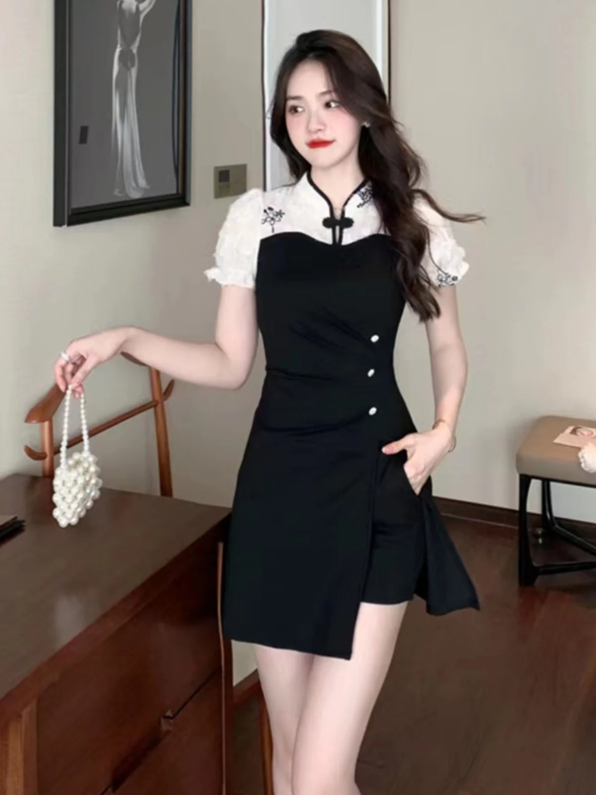 

Elegant Embroidered Retro Summer Outfit Short Shorts Set Two Piece Set Cotton Blend Fabric for Women Aged 25-35 Years Old