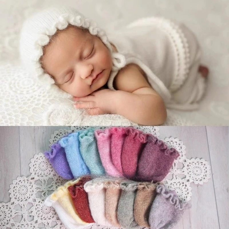 

Newborn Photography Props Handmade Knitted Mohair Floral Side Hat Bonnet for Photo Picture Studio Photoshoot Accessories Prop
