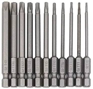 T6-T40 de vástago hexagonal de 11 piezas, 1/4 pulgadas, 4 pulgadas de longitud, S2, acero hexagonal Torx, cabezal de seguridad, juego de brocas