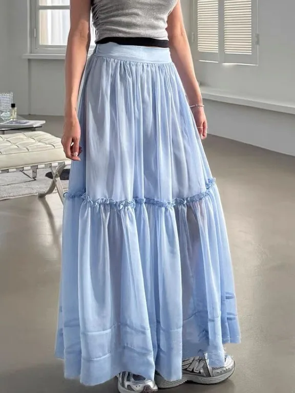 

Summer New Sle Women's Midi Skirt with Wooden And Lace Large Flounce Splicing Design Age Reduction Ele Long Skirt