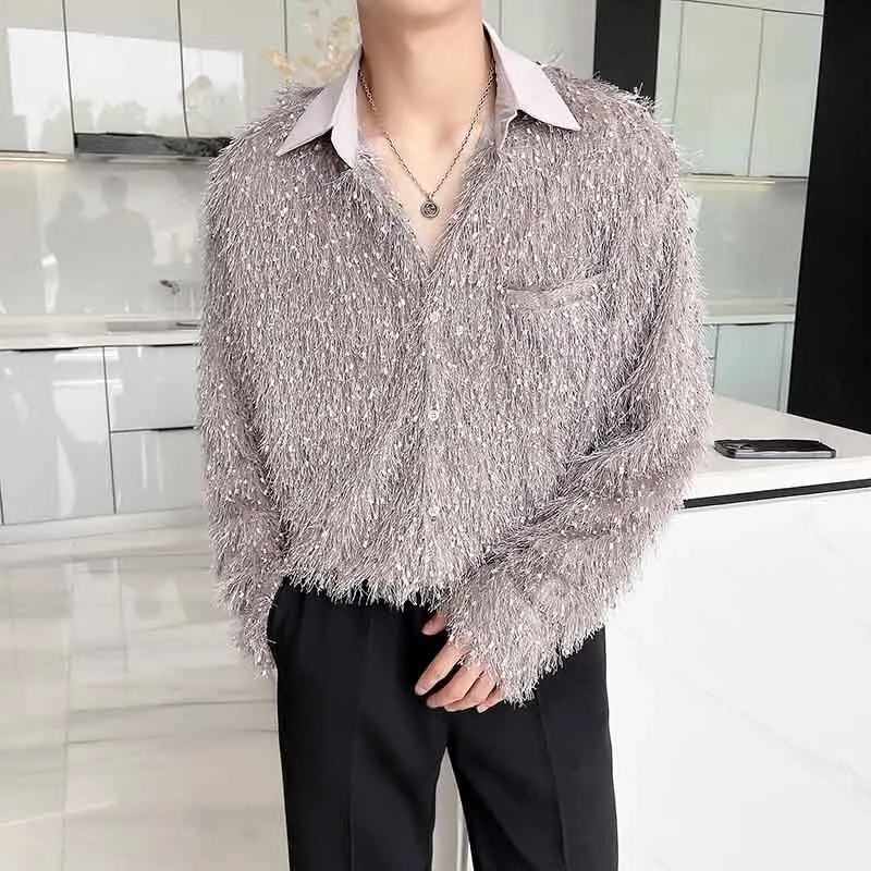 IEFB Niche Design Men's Shirts Fashion Lapel Tassels Long Sleeve Top Solid Color Personality Clothing 2024 Korean Style 9C2939