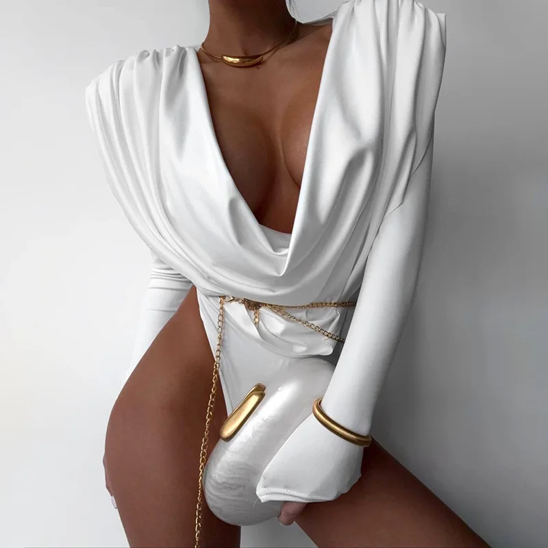 

Sexy Spicy Girl Pure Color Long Sve Bodysuit Women's High Waist Slim Fit Neline Autumn Winter Design Sense Pleated Top