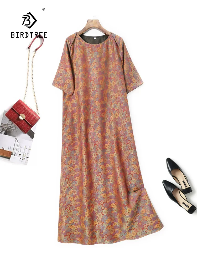 

BirdTree, 45MM Real Silk Song Brocade Dresses, Women Short Sleeve Flower, Retro Loose Elegant Dress, 2024 Summer New D46213QC